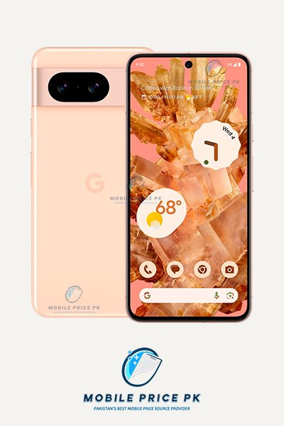 Google Pixel 8 smartphone in Rose color showing its flat display and camera bar design.